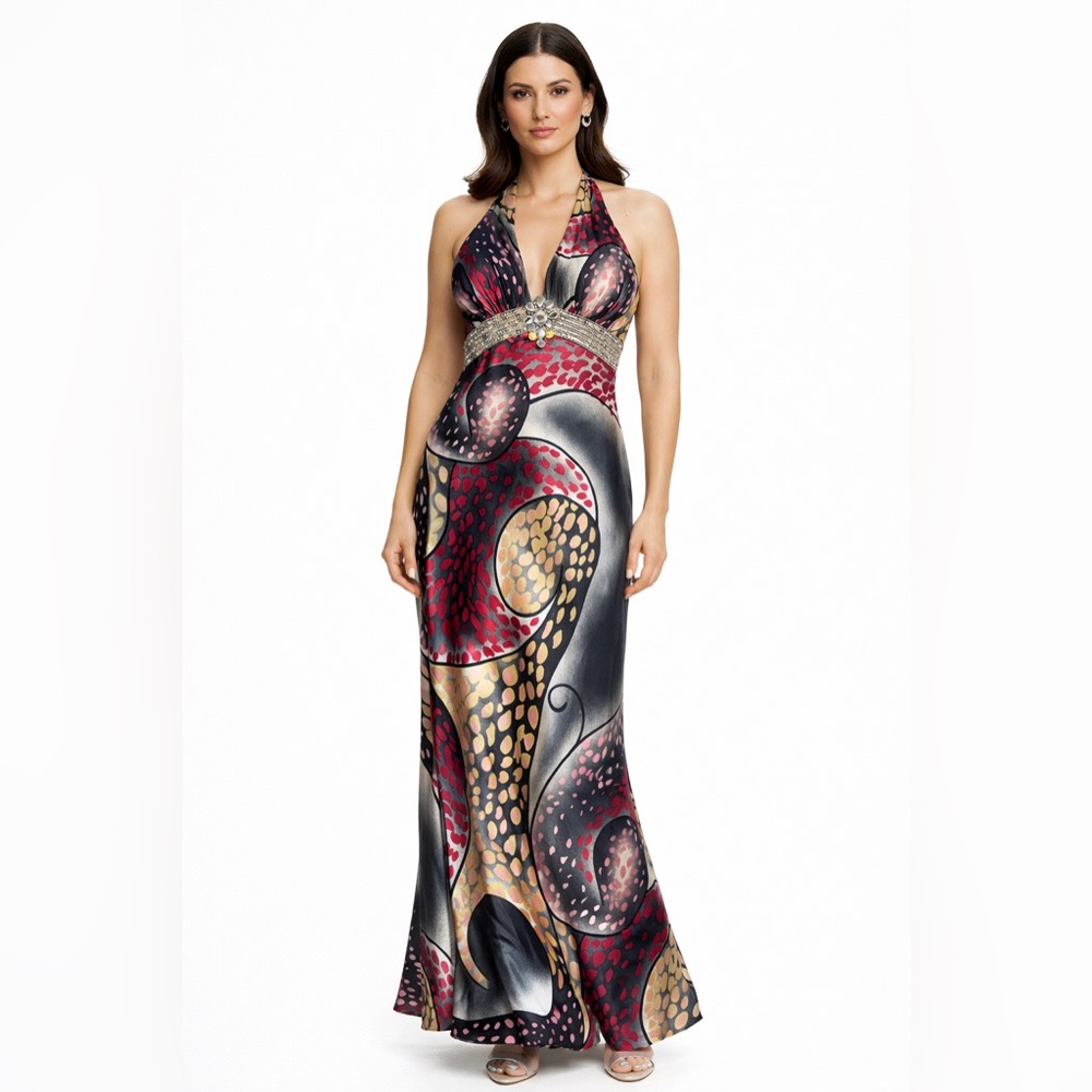 Unique Embellished Halter Maxi Dress XS Y2K Glam Resort Gown